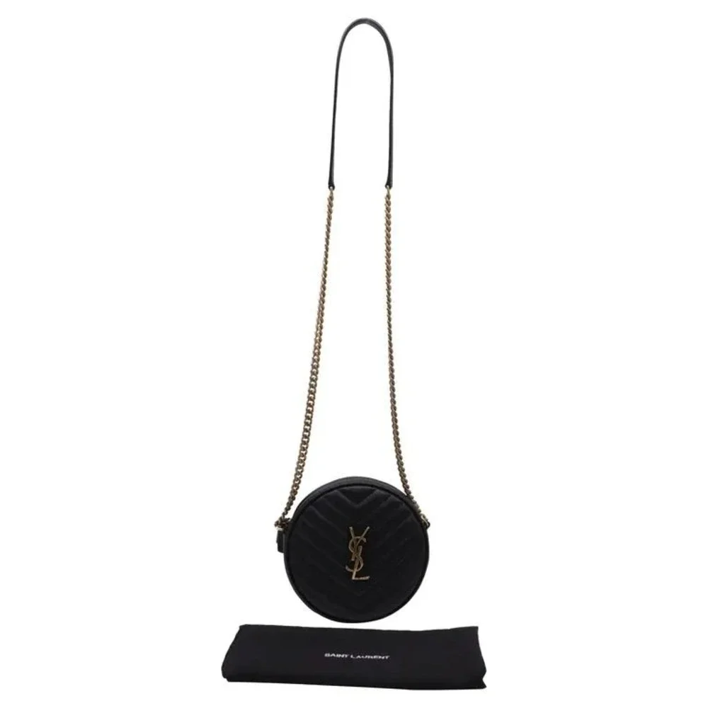 Saint Laurent Vinyle Round Camera Bag Black Chevron Quilted Leather YSL Gold